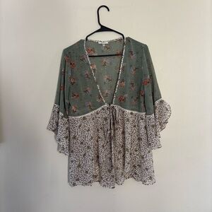 Jodifl Women's Green Floral Animal Print Ruffle Sleeve Tie Kimono Blouse S